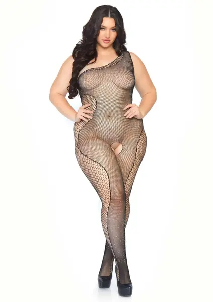 Асиметричен бодистокинг с мрежа, черен, XL/2XL