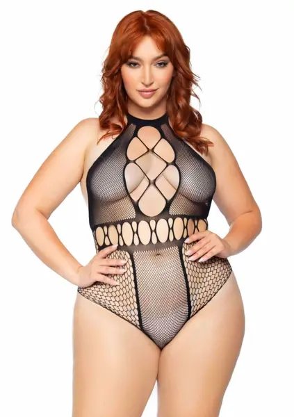 Plus Seamless Halter Bodysuit - Multi Net, T-Strap, Black, One Size