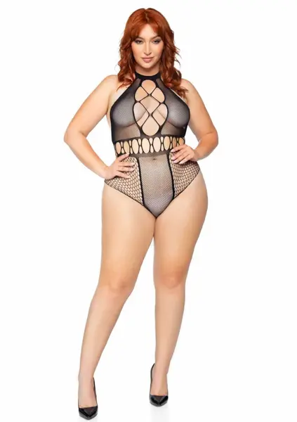 Plus Seamless Halter Bodysuit - Multi Net, T-Strap, Black, One Size