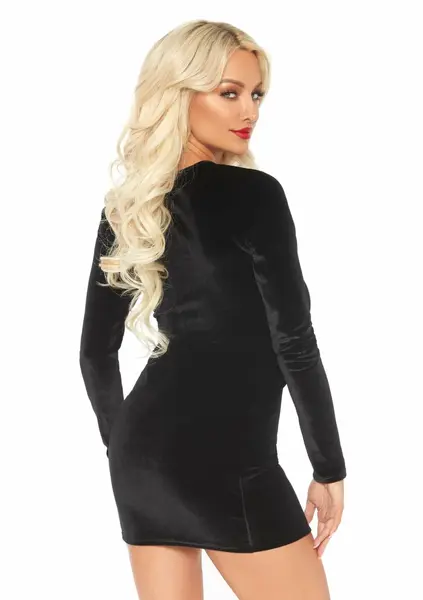 Velvet Long Sleeved Dress Black Deep-V Lace Up Elegant Fit S