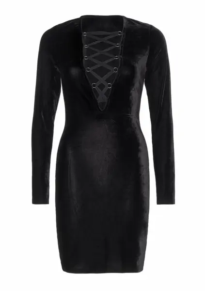 Velvet Long Sleeved Dress Black Deep-V Lace Up Elegant Fit S