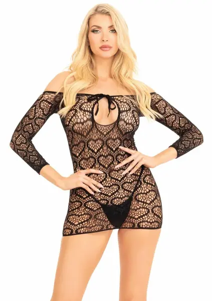 Leg Avenue Mini Dress Heart Net Keyhole Tie Front Black One Size