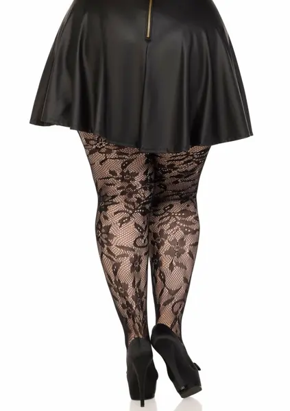 Безшевен чорапогащник с флорална дантела, черен, XL-XXL