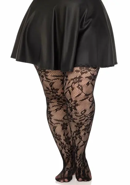 Безшевен чорапогащник с флорална дантела, черен, XL-XXL