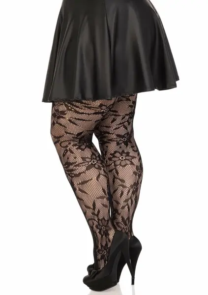 Безшевен чорапогащник с флорална дантела, черен, XL-XXL