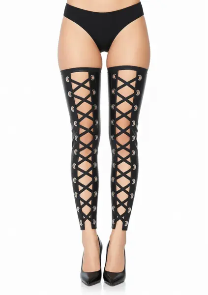 Leg Avenue Wetlook Footless Lace Up Thigh Highs Black S/M