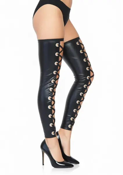 Leg Avenue Wetlook Footless Lace Up Thigh Highs Black S/M