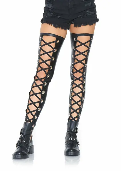 Leg Avenue Wetlook Footless Lace Up Thigh Highs Black S/M