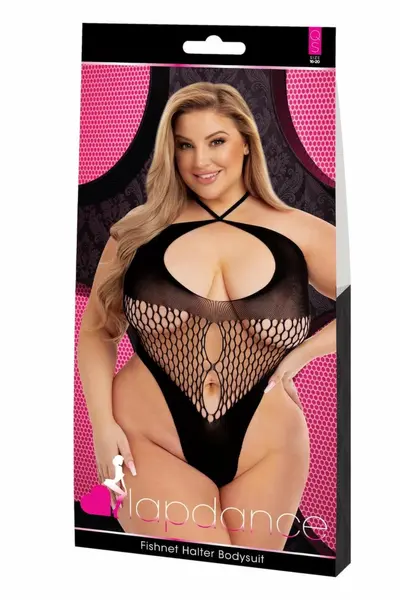 Lapdance Fishnet Halter Bodysuit Black, Model QS - Classic Mesh Design