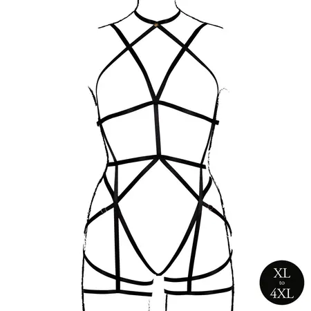Rimba Plus Size Black Strappy Open Cup Body Harness with Garters XL-4XL