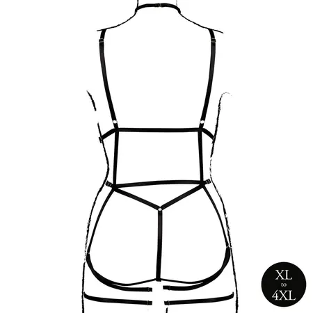 Rimba Plus Size Black Strappy Open Cup Body Harness with Garters XL-4XL
