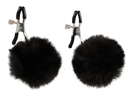 Magic Shiver Adjustable Nipple Clamps with Black Pom Pom Accents