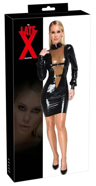 LateX Knee-Length Black Latex Dress 2XL with Transparent Insert