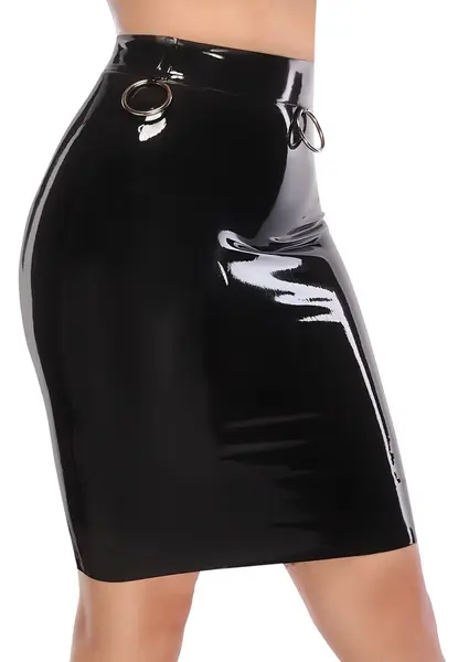 LateX Skirt S - Black Latex, Knee-Length with Metal Rings