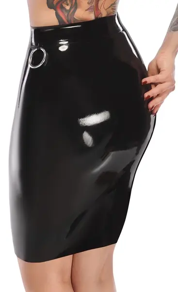 LateX Skirt S - Black Latex, Knee-Length with Metal Rings