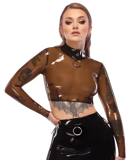 LateX Crop Top Smoky Transparent XL - Long Sleeve, Metal Ring Detail