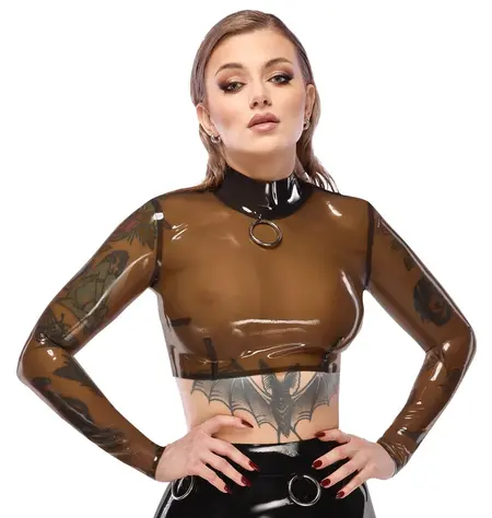 LateX Crop Top L - Smoky Transparent, Long Sleeve, Stand-up Collar