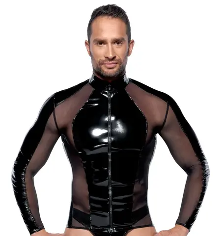 Black Level Men's Vinyl Shirt L with Mesh Panels, 2-Way Zipper, Black