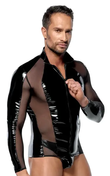 Black Level Men's Vinyl Shirt L with Mesh Panels, 2-Way Zipper, Black