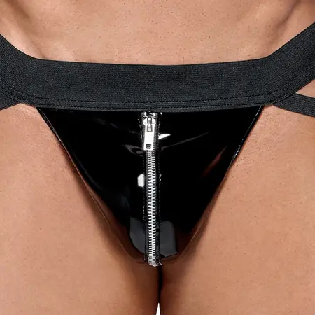 Black Level Vinyl Jockstrap 2XL with Silver Zip, Wide Waistband
