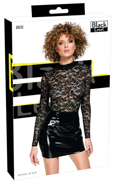 Black Level Vinyl & Lace Mini Dress S - Long Sleeve, Elegant Black
