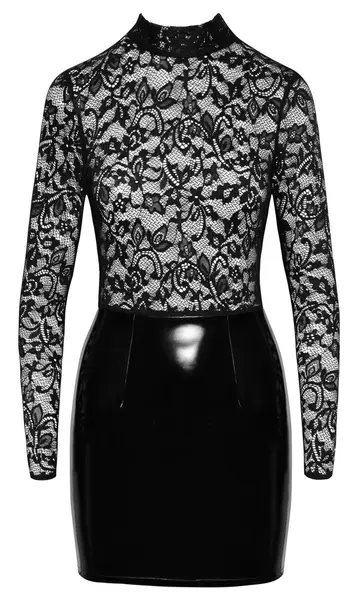 Black Level Vinyl & Lace Mini Dress S - Long Sleeve, Elegant Black