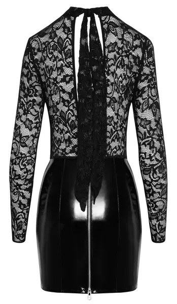 Black Level Vinyl & Lace Mini Dress S - Long Sleeve, Elegant Black