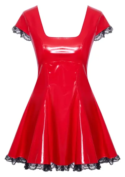 Black Level Vinyl Mini Dress Red M - Shiny Square Neckline & Lace Detail