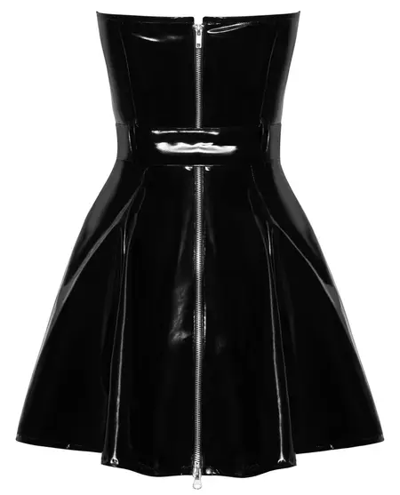 Black Level Vinyl Strapless Flared Dress M - Shiny Black, Belted, 2-Way Zip