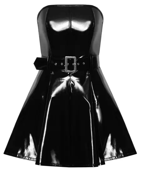 Black Level Strapless Vinyl Dress Flared Skirt S Shiny Black Belted