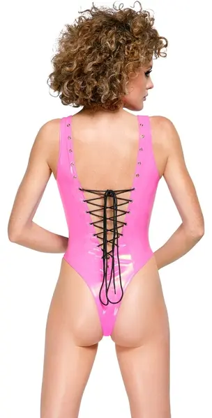 Black Level Vinyl Bodysuit Pink S - Adjustable Lacing, Shiny Finish