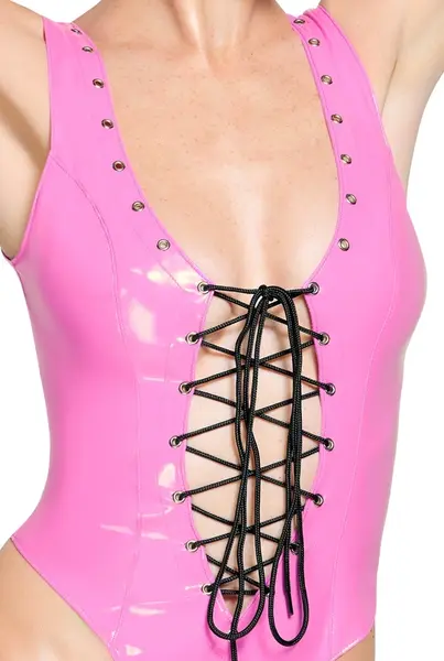 Black Level Vinyl Bodysuit Pink S - Adjustable Lacing, Shiny Finish