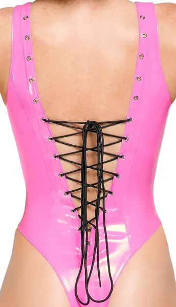 Black Level Vinyl Bodysuit Pink S - Adjustable Lacing, Shiny Finish