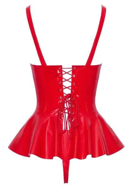 Black Level Vinyl Peplum Top and Thong Set Red S Adjustable Fit
