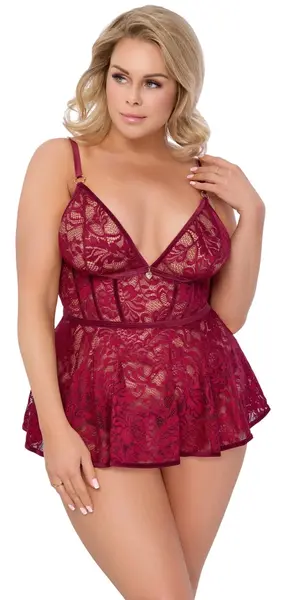 Cottelli CURVES Babydoll 2XL Dark Red Lace & Velvet Set