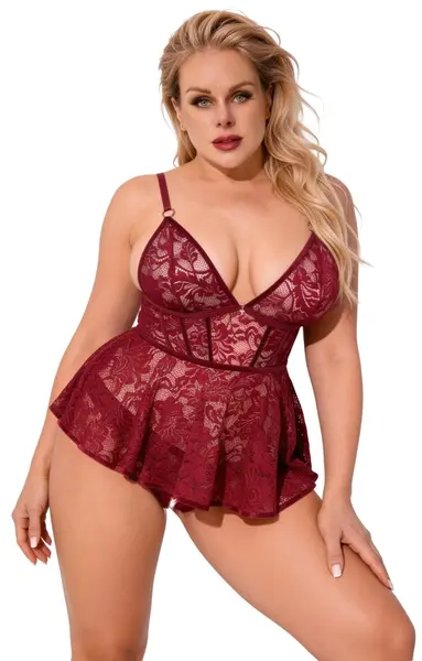 Cottelli CURVES Babydoll Set Red XL - Lace & Velvet, Adjustable Fit