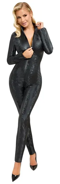 Cottelli PARTY Snakeskin Pattern Jumpsuit XL, 3-Way Zipper, Grey