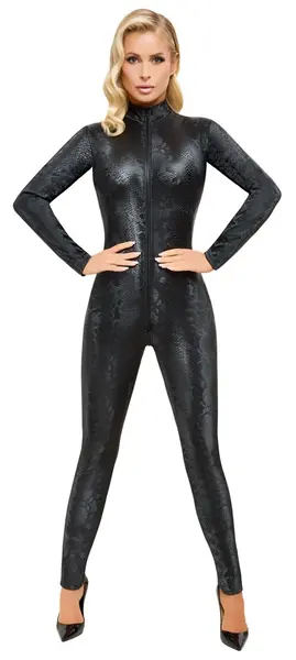 Cottelli PARTY Jumpsuit Snake S - Grey Snakeskin, 3-Way Zip, Size S