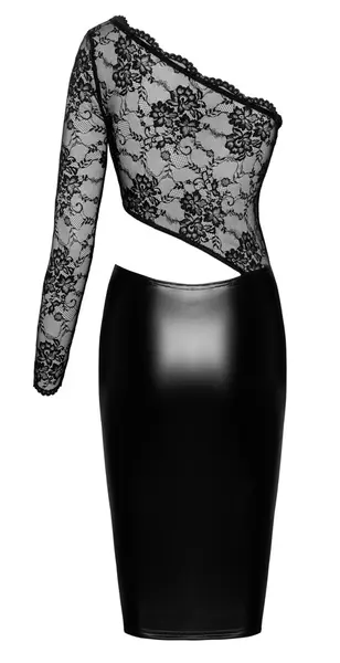 Noir Handmade Orgia Black Powerwetlook Dress with Lace Top, Size L