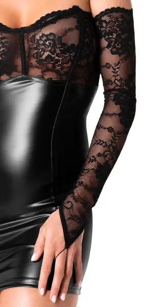 Noir Handmade Orgia Powerwetlook Mini Dress with Lace & Gauntlets L