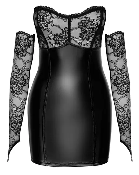 Noir Handmade Orgia Powerwetlook Mini Dress with Lace & Gauntlets L
