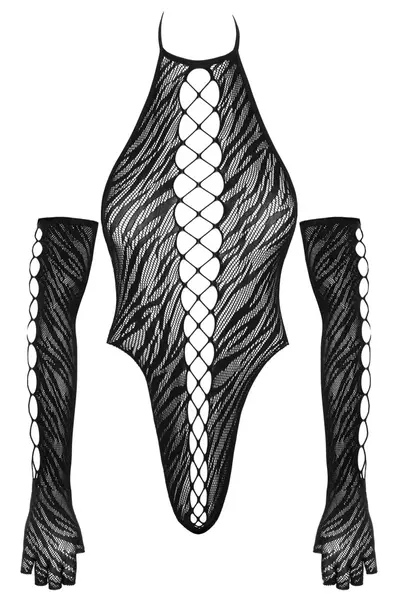 Cottelli FANTASY Black Tiger Stripe Bodysuit & Long Gloves Set S-L