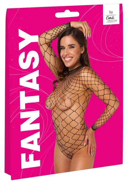 Cottelli FANTASY S-L Black Net Bodysuit with Rhinestones, Long Sleeve
