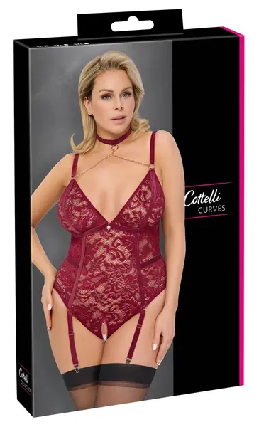 Cottelli Curves Lace & Velvet Suspender Body Red 2XL Adjustable Chains