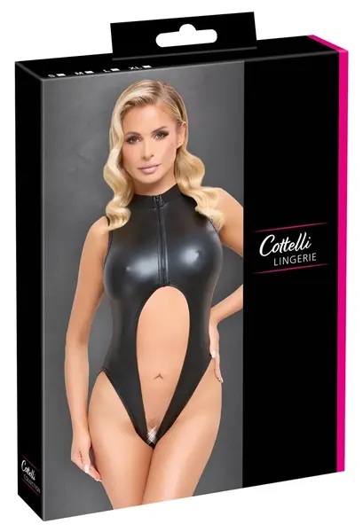 Cottelli Lingerie Sleeveless Matte Zip Body XL, Crotchless, Black