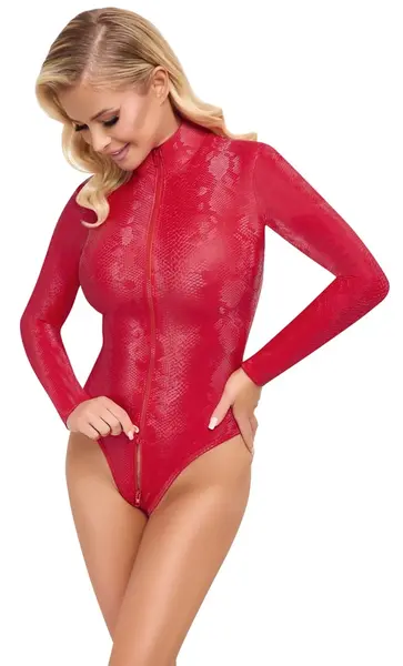 Cottelli PARTY Red Snakeskin Bodysuit S - Stretch Material, 3-Way Zip