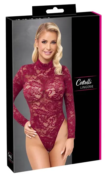 Cottelli Lingerie Lace Bodysuit Bordeaux Red Long Sleeve L