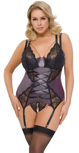 Cottelli Curves Basque Set XL Dark Purple with Removable Lace Details