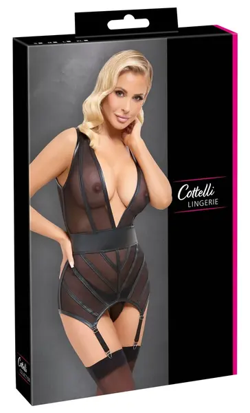 Cottelli LINGERIE Basque & String Set Black Powernet Adjustable Straps
