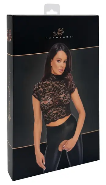 Noir Handmade Lace Crop Top S Black - Elegant Floral Stand Collar